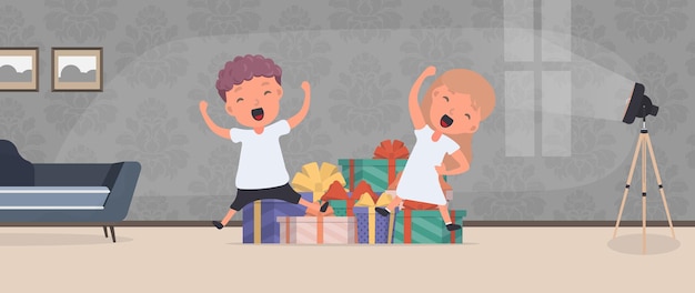 Children rejoice at gifts. Happy children, lots of gifts. Holidays concept. Vector.