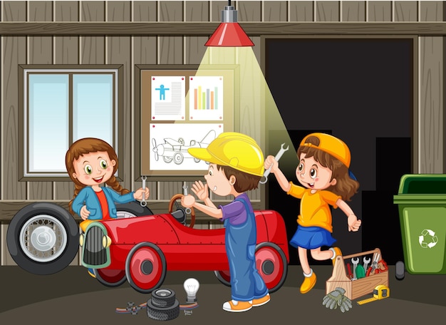 Bambini che riparano un'auto insieme in garage