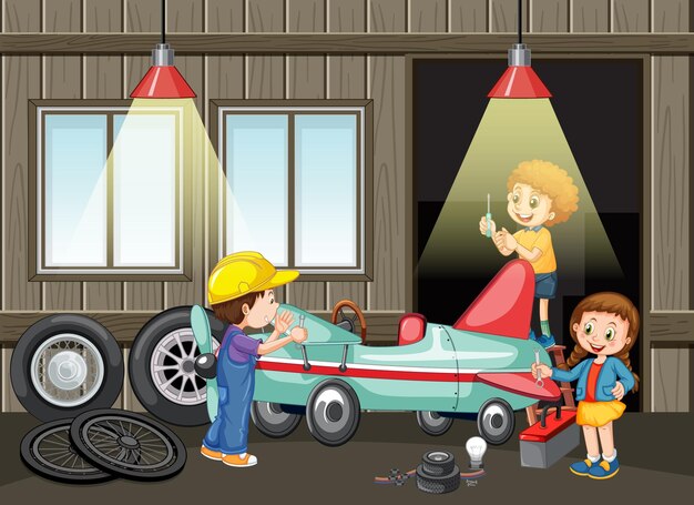 Children repairing a car together in the garage