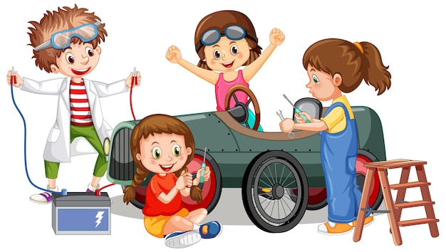 Vector children repairing a car together