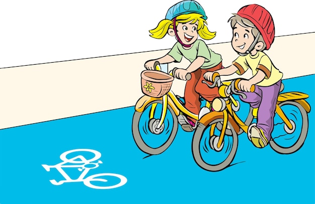 children ride bikes on the bike path cartoon vector