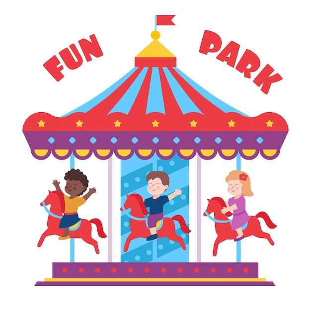 Children ride on a carousel in fun park