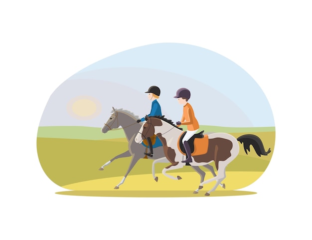 Children ride ponies in nature vector illustration