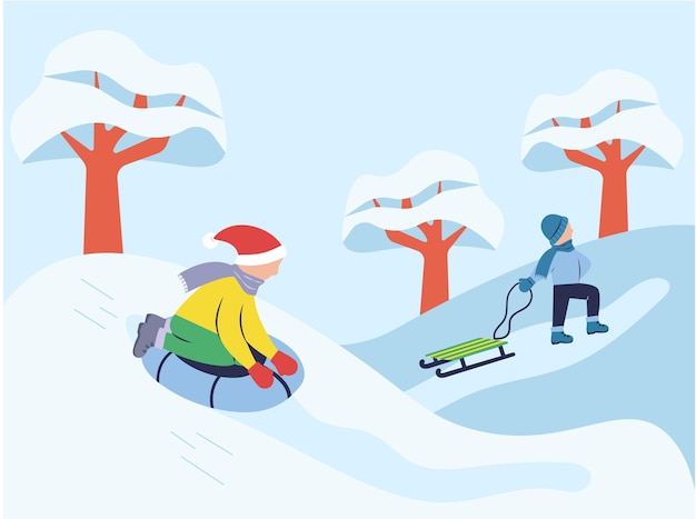 Vector children ride a tube and sled children slide on the snow in winter active winter holidays characters