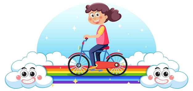 Vettore bambini che guidano la bicicletta sull'arcobaleno