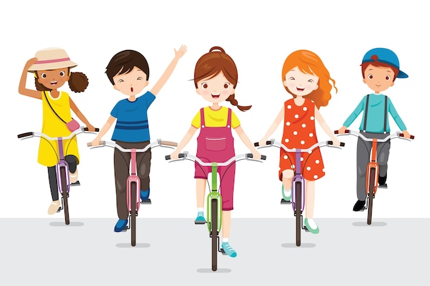 Bambini che vanno in bicicletta insieme, esercizio per una buona salute