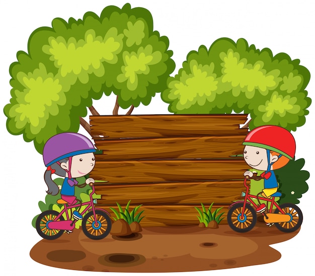 Vector children riding bicycle next to wooden board