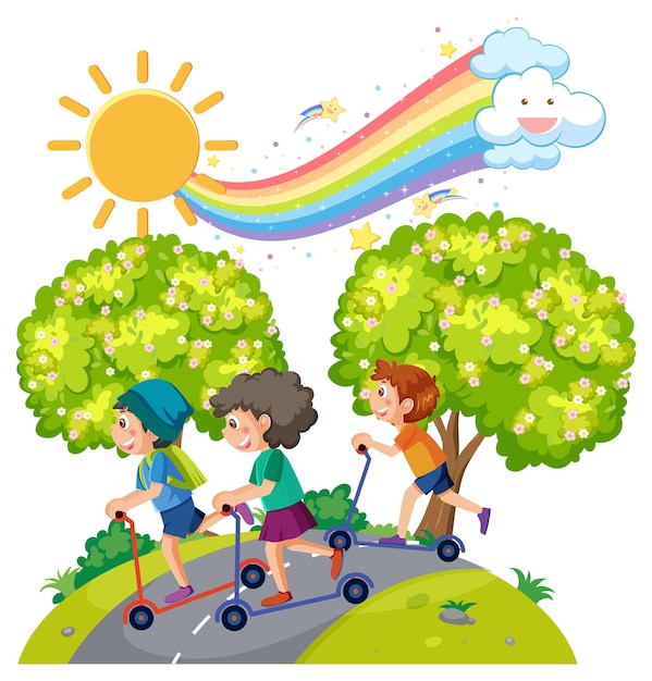 Дети катаются на скутере в парке