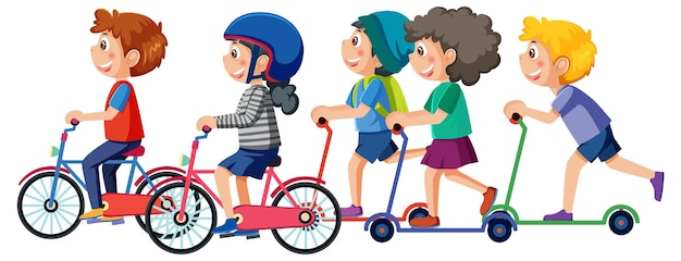 Children riding scooters and bicycles