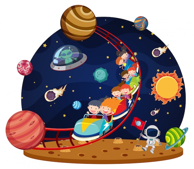 Children riding space roller coaster