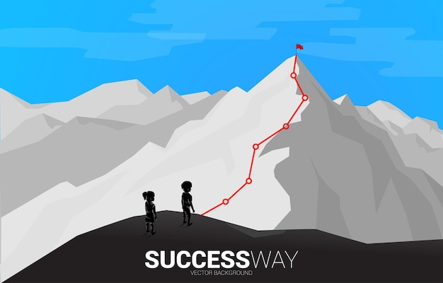 Children and route to the top of mountain. concept of goal, mission, vision, career path, vector concept polygon dot connect line style