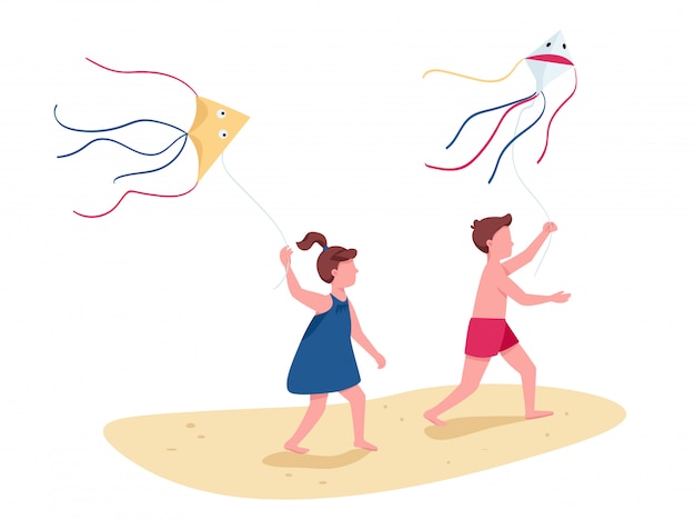 Children running with flying kites flat color faceless characters