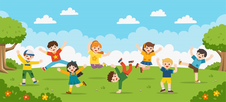 Vector 子供の活動。幸せな子供たちは公園でジャンプします。