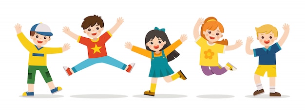 Вектор Детские развлечения. счастливые дети прыгают вместе. мальчики и девочки весело играют вместе. векторная иллюстрация.