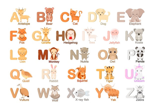 Children's alphabet with animals in a cartoon style.