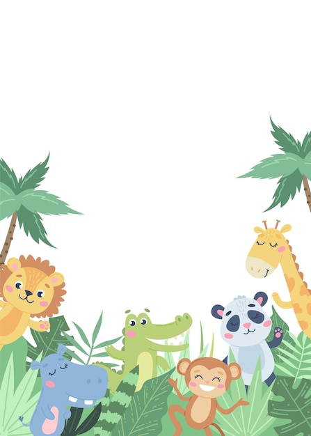 Children s animals background cute animals in the jungle on white vector illustration in flat style