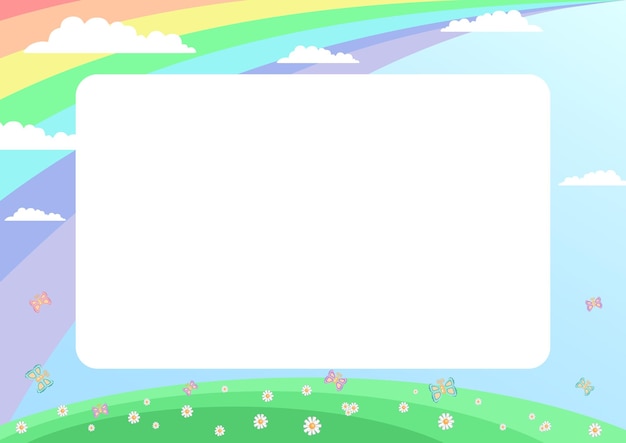 Детский фон газон с цветами и бабочками в голубом небе солнце и радуга