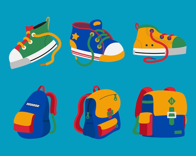 Vector children's backpack and shoes vector illustration collection