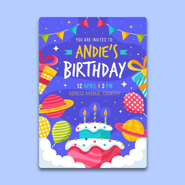Children's birthday card template with cake and planets