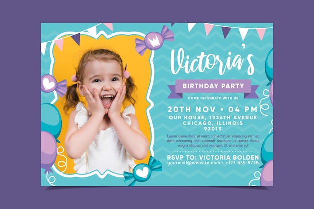 Vector children's birthday card template with photo