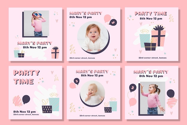 Vector children's birthday instagram post set