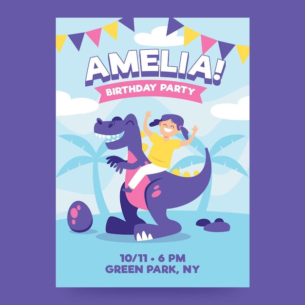 Children's birthday invitation template with dinosaur