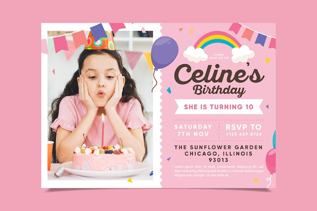 Children's birthday invitation template with photo