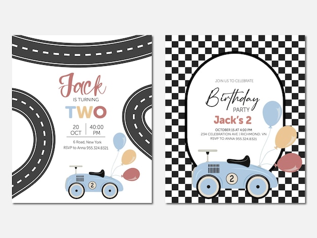 Vector children's birthday invitations are set with balloons and cars