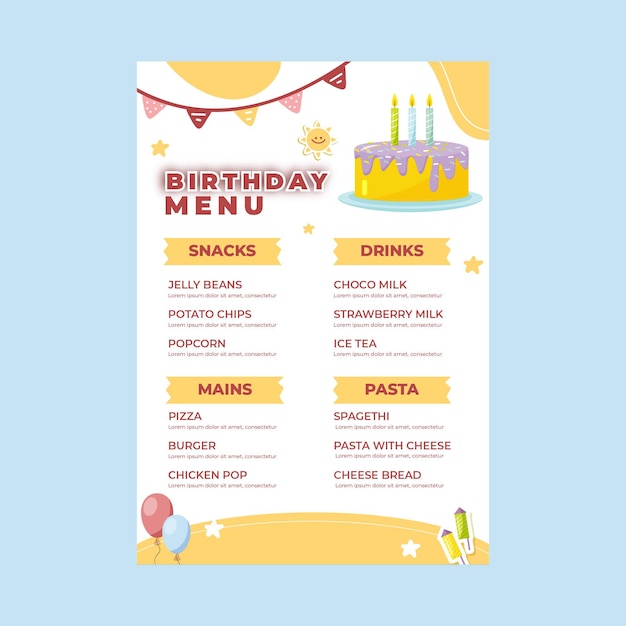 Vettore menu compleanno bambini