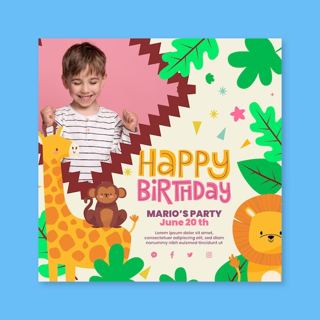 Vector children's birthday squared flyer with animals