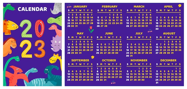 Children's calendar template for 2023 Bright colorful horizontal design with abstract dinosaurs in a flat style Editable vector illustration set of 12 months with cover Week starts on Sunday