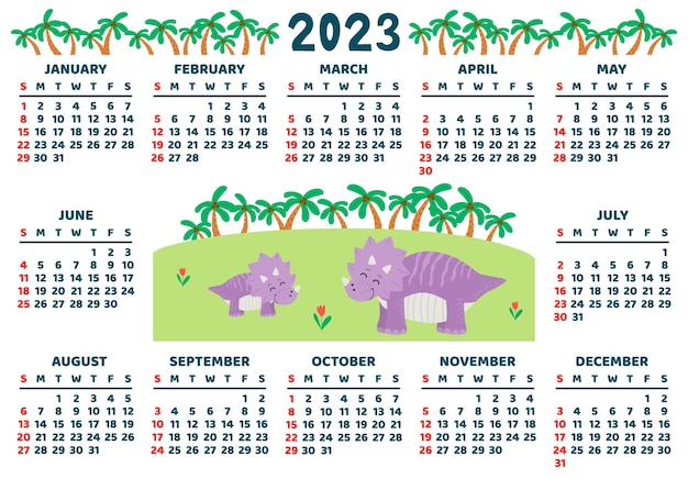 2023년 어린이 달력 템플릿 플랫 스타일의 추상 공룡이 있는 밝은 수평 디자인 커버가 있는 12개월의 편집 가능한 벡터 그림 세트