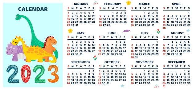 Modello di calendario per bambini per l'anno 2023 design luminoso con dinosauri astratti in uno stile piatto set di illustrazioni vettoriali modificabili di 12 mesi con copertina di design la settimana inizia di domenica