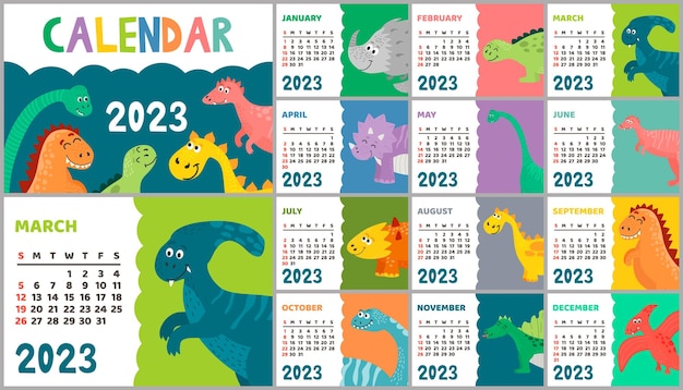 2023년 어린이 달력 템플릿 플랫 스타일의 추상 공룡이 있는 밝은 수직 디자인 커버 주간이 일요일에 시작되는 12개월의 편집 가능한 벡터 그림 세트