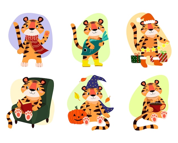 Illustrazione vettoriale del personaggio dei bambini set di una piccola tigre carina in stile cartone animato