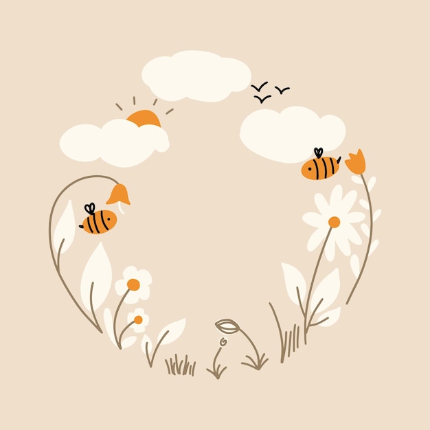 Vector children's circular frame with flowers nature clouds bees vector illustration in flat style