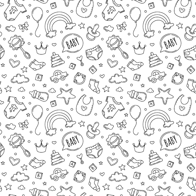 Children's clothes seamless pattern with cute nipples rattles and toys for kids and babies