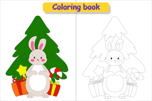 Children's coloring book Christmas tree rabbit and gifts picture in color and without color
