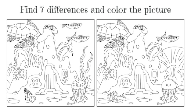 Children's coloring book Find seven differences Underwater landscape with sand house turtle fish and jellyfish Vector