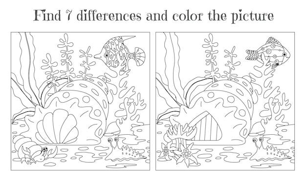 Children's coloring book find seven differences underwater landscape