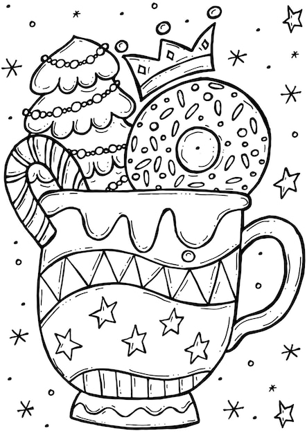 Children's coloring book. Hand-drawn doodle winter vector illustration. Merry Christmas.