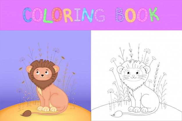 Libro da colorare per bambini con animali dei cartoni animati. leone carino