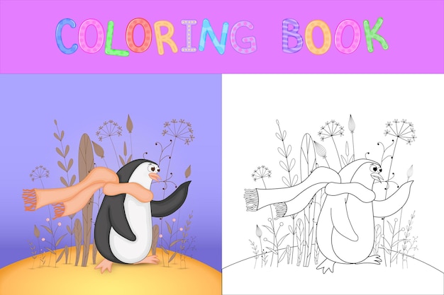 만화 동물과 함께 어린이 색칠 공부. 미취학 아동의 귀여운 펭귄을 위한 교육 과제.