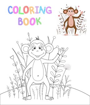 Libro da colorare per bambini con animali dei cartoni animati. compiti educativi per bambini in età prescolare scimmia carina.