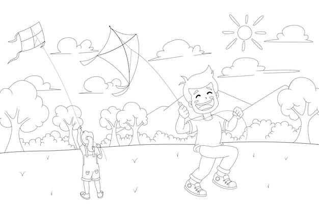 Children's coloring illustration kids playing kite outline