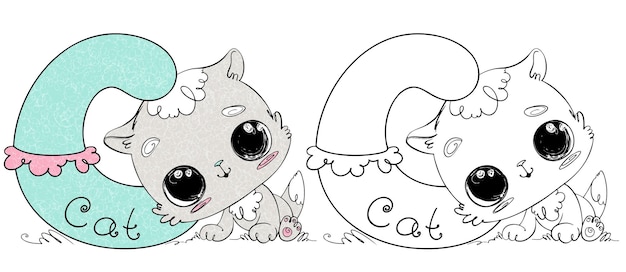 Vector children's coloring page alphabet letter c adorable cat abc coloring book for kids with cute