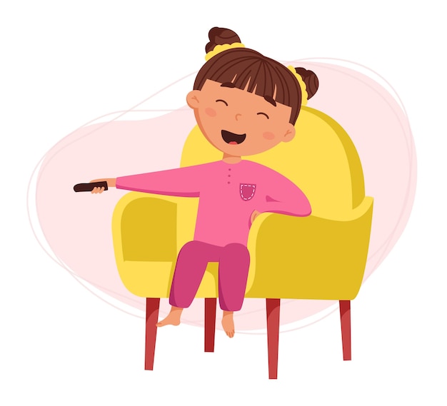 Children's daily routine vector illustration Cute cheerful girl relax in a chair and watch TV Ideal for children's iteams