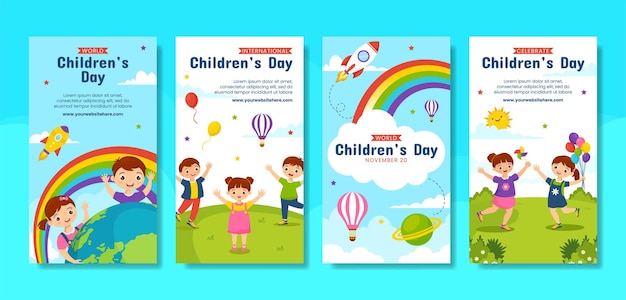 Children's Day Social Media Stories Flat Cartoon Hand Drawn Templates Background Illustration