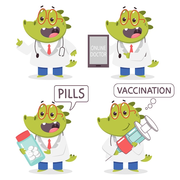 어린이 의사 악어 만화 재미있는 의료 문자 집합 흰색 배경에 고립.
