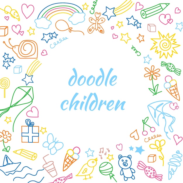 Sfondo di doodle per bambini cornice rotonda da disegni colorati per bambini modello con elementi cartoon disegnati a contorno